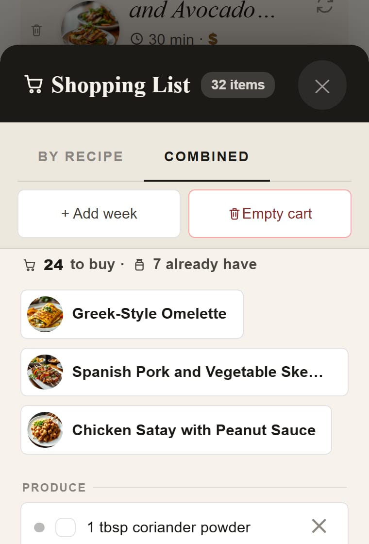 Plate Planner’s combined shopping list, grouped under a Produce heading