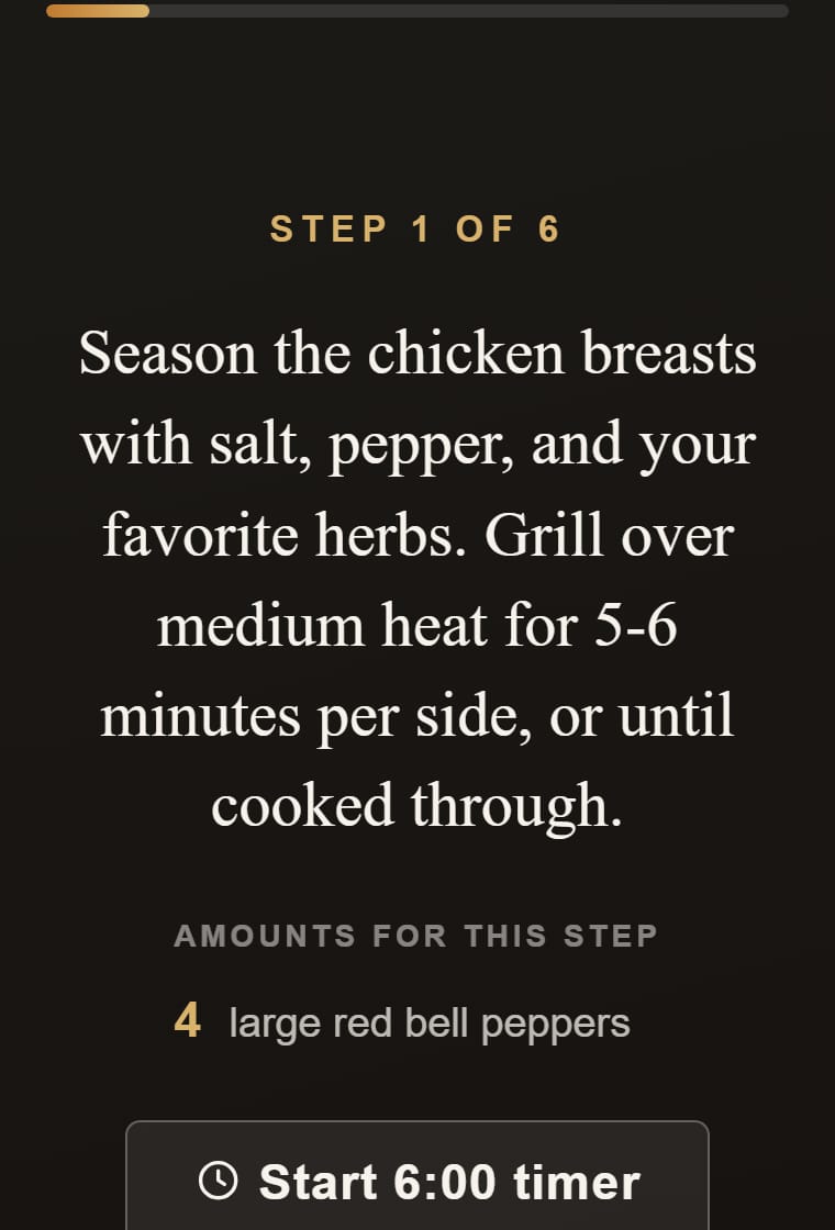 Cook Mode showing a single recipe step with its own amounts and a timer