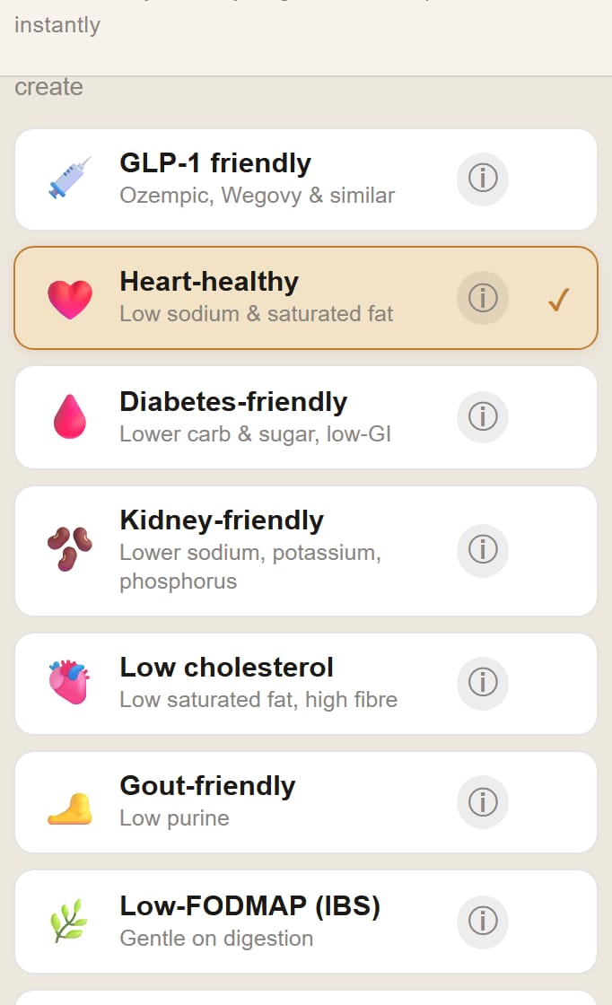 The Health needs picker in Plate Planner, showing GLP-1, heart, diabetes, kidney and other profiles