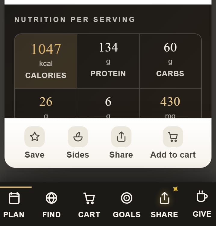 Per-serving nutrition on a Plate Planner recipe, with a link to see where the numbers come from