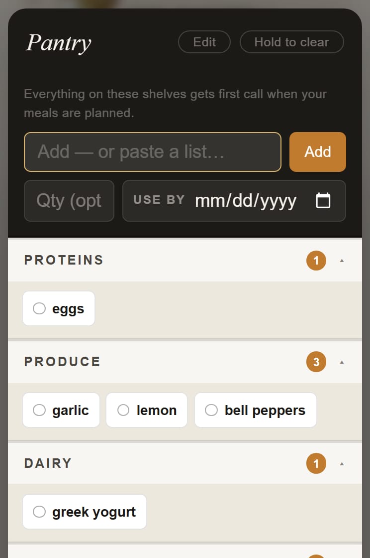 The kitchen list in Plate Planner, staples already owned