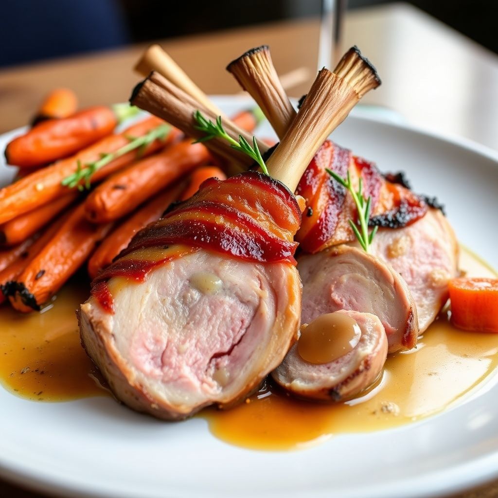 Bacon-Wrapped Pork Chops with Roasted Carrots