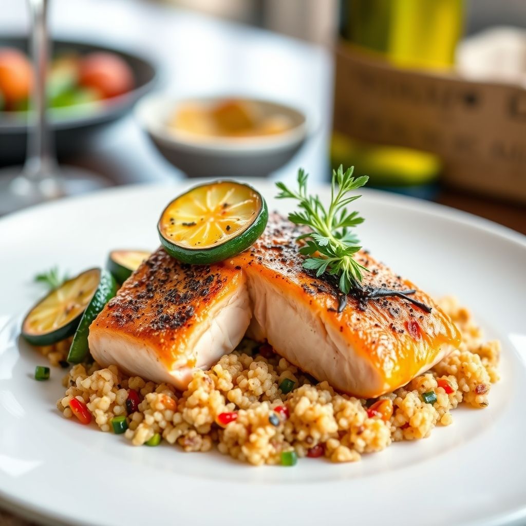 Baked Salmon with Roasted Zucchini and Quinoa