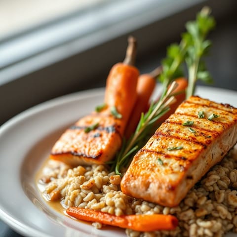 Grilled Salmon with Roasted Carrots and Oatmeal