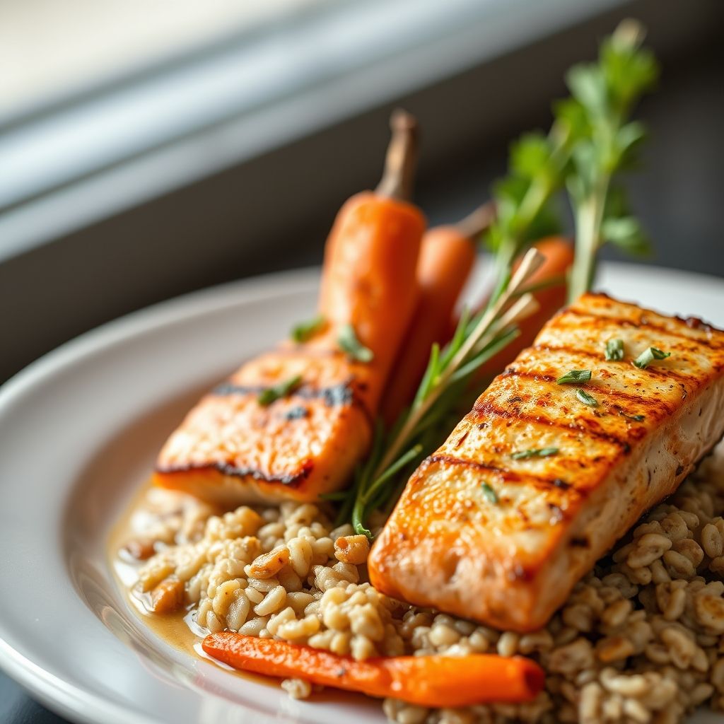 Grilled Salmon with Roasted Carrots and Oatmeal
