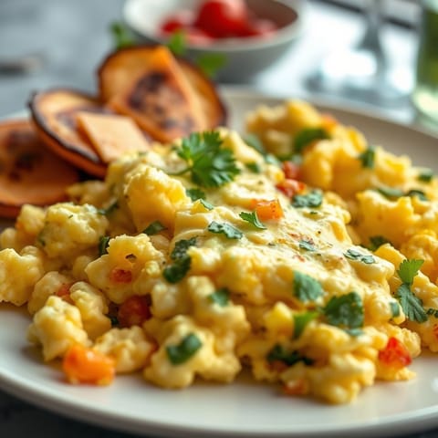 Scrambled Eggs with Cilantro, Bell Peppers, and Cheddar