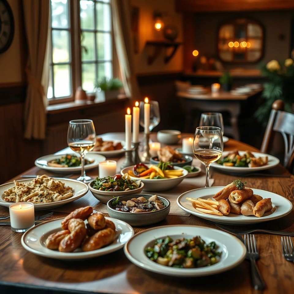 A warm, candlelit dinner on a rustic table