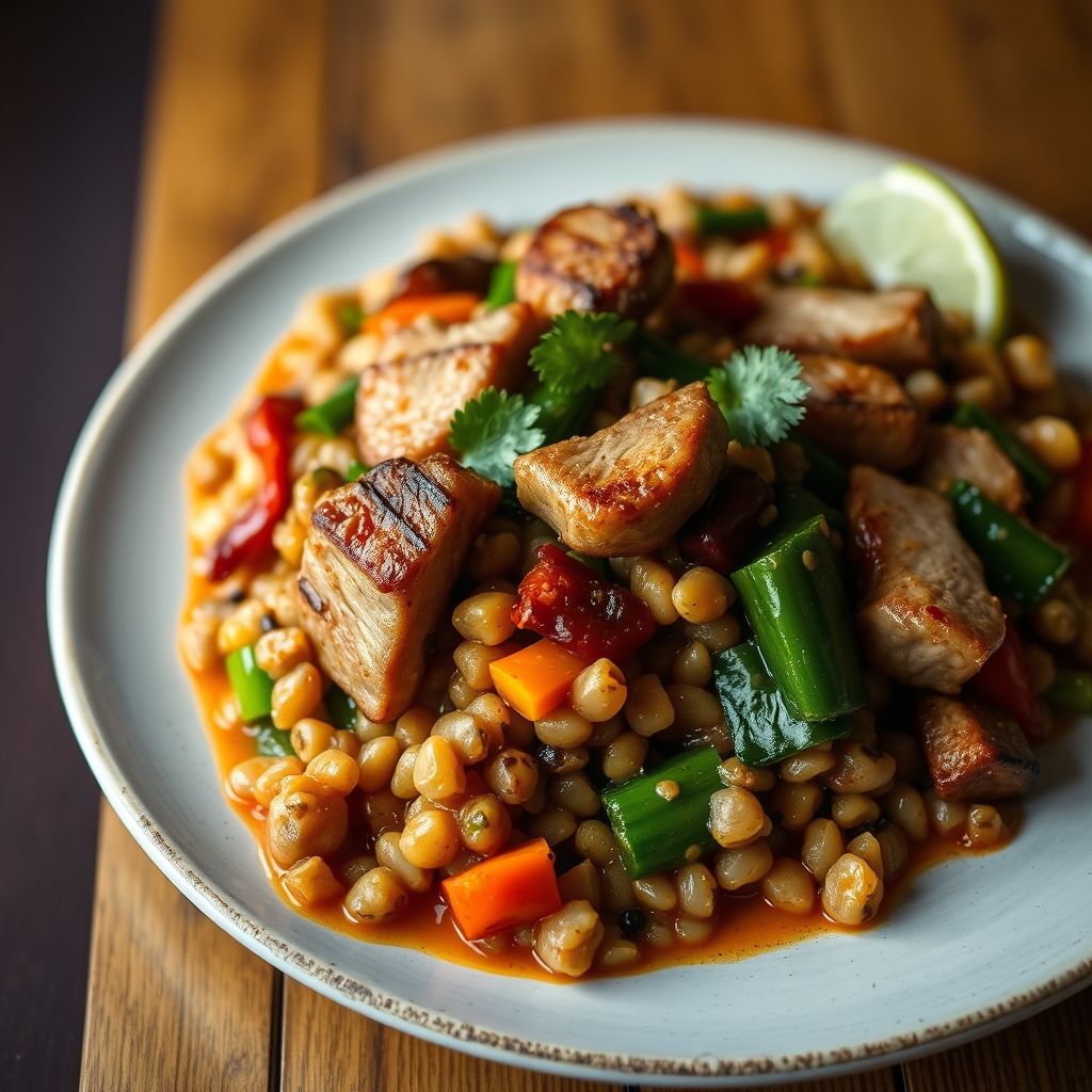 Thai-Style Lentil and Vegetable Stir-Fry with Grilled Pork